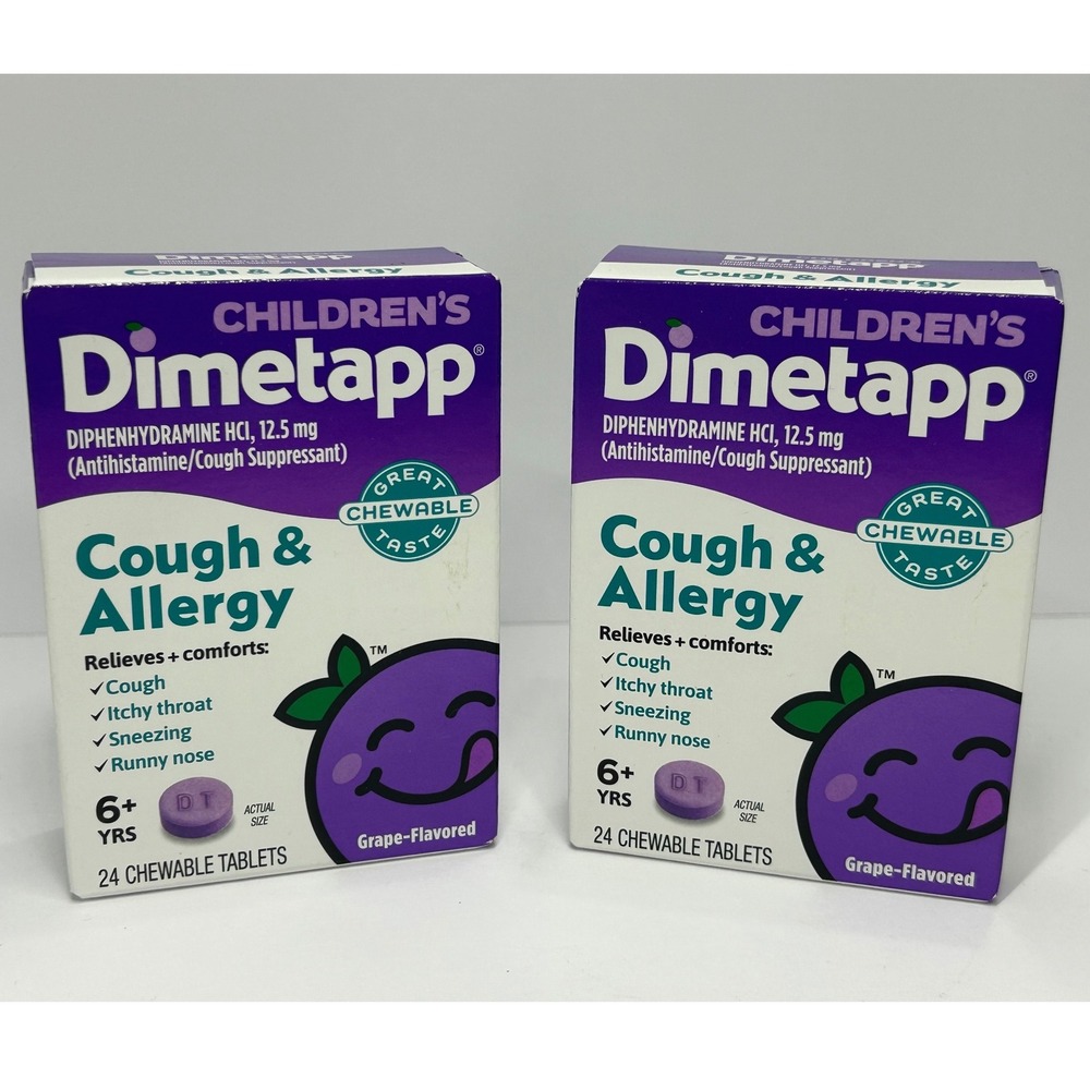 Childrens Dimetapp Cough & Allergy 24ct Chewable Grape 2 Pack Exp 06/2027